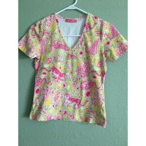 Women's KEY WEST Animals Print Stretchy Knit Top Size S. Short Sleeve V-Neck